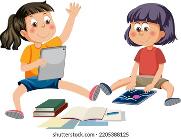 Dos niñas que usan tablet para ilustraciones de aprendizaje en línea