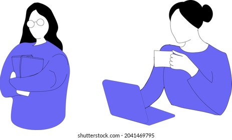 Two girls. Vector illustrations. Office, business. Purple color.