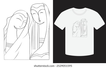 Two girls vector line drawing, T-shirt design