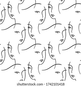Two  girls  vector seamless pattern, line art. Black and white.