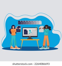 two girls via the Internet accept documents blue background