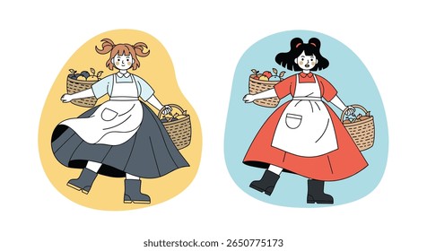 Two girls in vintage dresses carrying baskets of produce illustration art