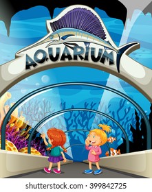 Two girls visiting aquarium illustration