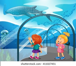 水族館を訪れる2人の女の子のイラスト のベクター画像素材 ロイヤリティフリー Shutterstock