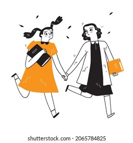 Two girls walking hand in hand both holding books on a wonderful day, Hand draw vector illustration.