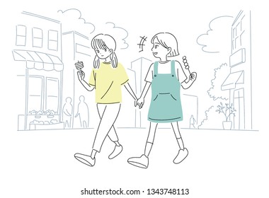 Two girls walking hand in hand with their best friends. hand drawn style vector design illustrations. 