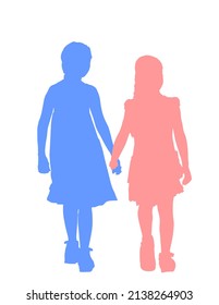 Zwei Mädchen laufen und halten Hände, Vektorsilhouettengrafik einzeln auf weißem Hintergrund. Schwestern in Liebe, Familienwerte. Die besten Freunde. Die Macht der Frauen.