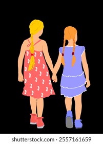 Two girls walking and holding hands vector illustration isolated on black background. Sisters in love, family values. Best friends. Women power. Friends female love.