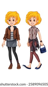 Two girls walking on a white background. Vector cartoon character illustration