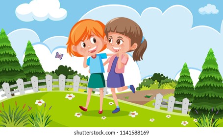 Two girls walking in a park illustration