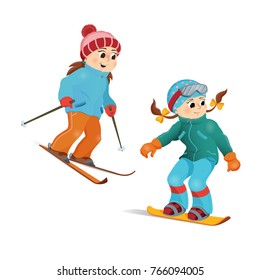 Two girls in warm clothes snowboarding and skiing, winter sport activity, cartoon vector illustration isolated on white background. Happy girl friends snowboard and ski, winter vacation activity