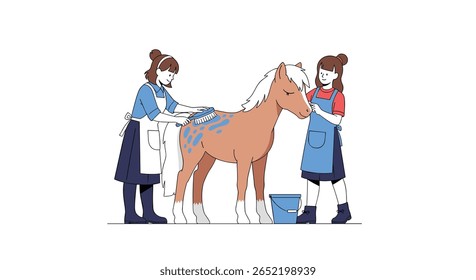 Two girls washing a horse outside in a field near a fence and buckets
