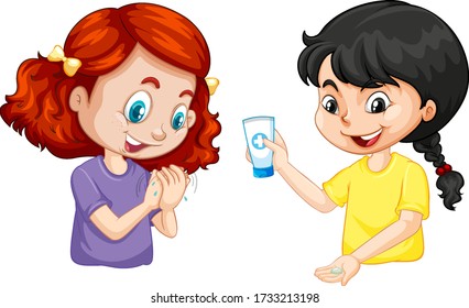 Two girls wasing hand with hand gel on white background illustration