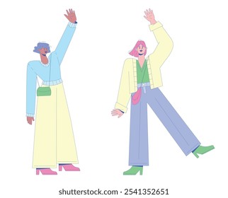 Two Girls wave their Hands in Greeting. Joyful Women are standing in full growth Greet. Stylish Characters. Vector flat illustration.