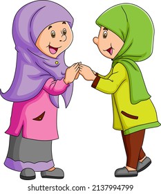 The two girls wearing hijab and meeting with the best friend of illustration