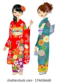 Two girls wearing Kimono