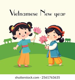 Two girls wearing traditional vietnamese costumes