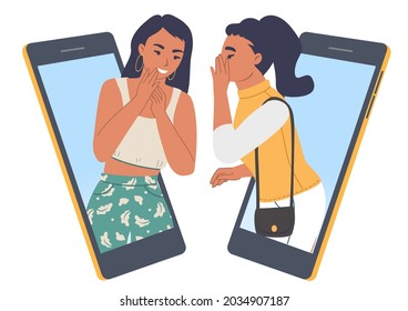 Two girls whispering talking to each other on mobile phone, communicating online, flat vector illustration. Young women gossiping, spreading rumors, telling secrets online.