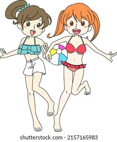 Two girls who seem to have fun wearing swimsuits