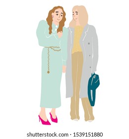 two girls or woman dressed in trendy clothes in pastel colors. Modern flat icon design. People in casual hipster style. Female cartoon characters. Girl power concept.