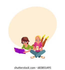 Two girls, woman in glasses reading book while lying on her stomach, another using mobile phone, cartoon vector illustration with space for text. Girls women using analogue and digital media