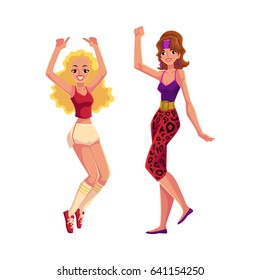 Two Girls, Women In 80s Style Aerobics Outfit Enjoying Sport Dance Workout, Cartoon Vector Illustration Isolated On White Background. Retro, Vintage Style Girls, Women Dancing, Aerobic Fitness Workout