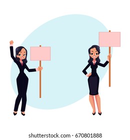 Two girls, women, businesswomen on strike holding empty boards in one and two hands, cartoon vector illustration with space for text. Two business women with empty board on strike