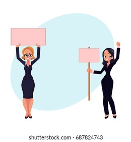 Two girls, women, businesswomen on strike holding empty boards in one and two hands, cartoon vector illustration with space for text. Two business women with empty board on strike