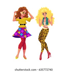 Two girls, women, friends in 1980s, eighties style clothes dancing disco, cartoon vector illustration isolated on white background. Girls, women in 80s style clothing dancing at retro disco party