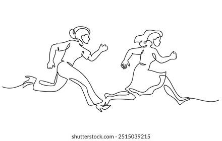 Two girls or women run very fast and hurry. People in Stress Work Situation or have fun for running. Continuous one line drawing. Vector Illustration