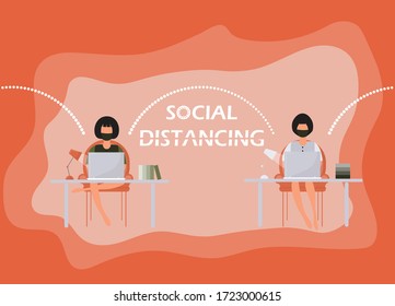 Dos niñas trabajando desde casa. Tiempo de distanciamiento social.Período de cuarentena. Sentado uno al lado del otro al menos 1 m. Tema naranja. Vectores de ilustración.