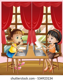 Two girls working on computer laptop illustration