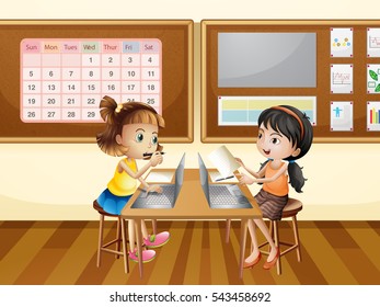 Two girls working on computer in classroom illustration