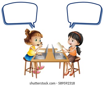 Dos niñas trabajando en computadoras con ilustración de burbujas de voz