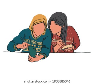 Dos niñas están trabajando en una mesa. Una mujer asiática muestra algo en su smartphone y otra mujer escribiendo notas. Concepto empresarial de coworking y relación laboral. Ilustración de vectores planos aislados 