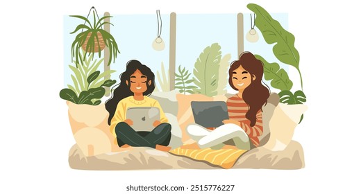 Two girls or young women with laptops on the bed, students, freelancer, home time, watching a movie, online game