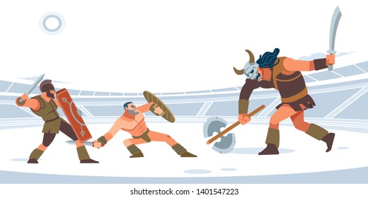 Two gladiators against the giant monster in the arena. White isolated background. Vector flat style.