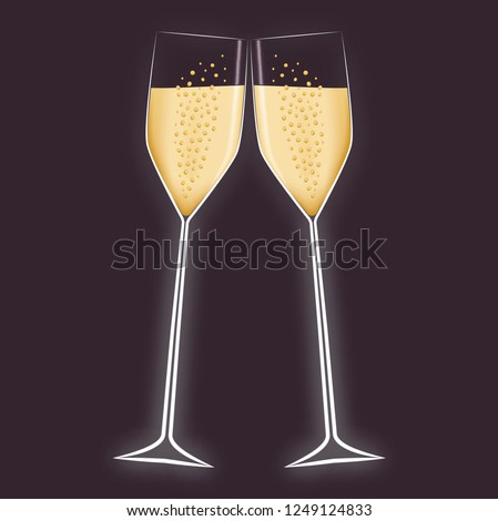 Two glases of champagne with neon light effect and dark violet background