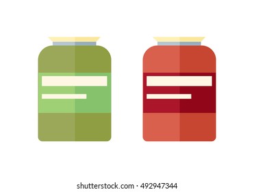 Two glass banks with yellow covers. Red and green glass bank icon. Retail store element. Bank object. Bank food sign. Simple drawing. Isolated vector illustration on white background.