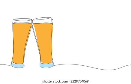 Two glass of beer. Hand draw line art outline line continues. Vector illustration.