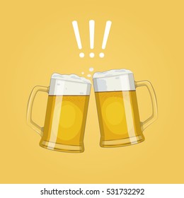 Two Glass Beer Mugs. Cheers.Oktoberfest. Vector Illustration.