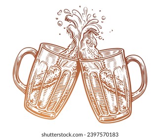 Two glass beer mugs, toast. The clink of glasses with an alcoholic drink, splashes of foam. Vector illustration