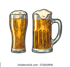 Two glass beer. Vector engraved color vintage illustration isolated on white background.