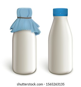 Two glass bottles with milk. Layout for advertising dairy products. Vector illustration