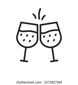 Two glass of champagne clinking line vector illustration, Cheers icon 