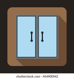 Two glass doors icon in flat style on a coffee background