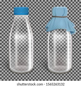 Two glass empty bottles with a blue paper cap. Layout for advertising dairy products. Vector illustration