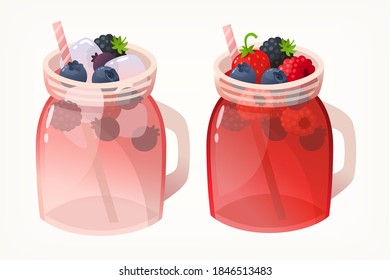Two glass jars with forest fruit lemonade and ice cubes. Isolated vector images.