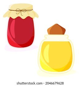 Two glass jars with honey and berry jam isolated on white. Sweet preserves. Vector illustration flat.