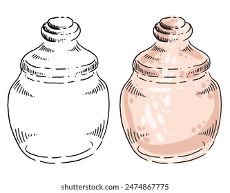 Two glass jars for the kitchen. One jar in pink shades. Another can is a black and white drawing. Vector isolated image.